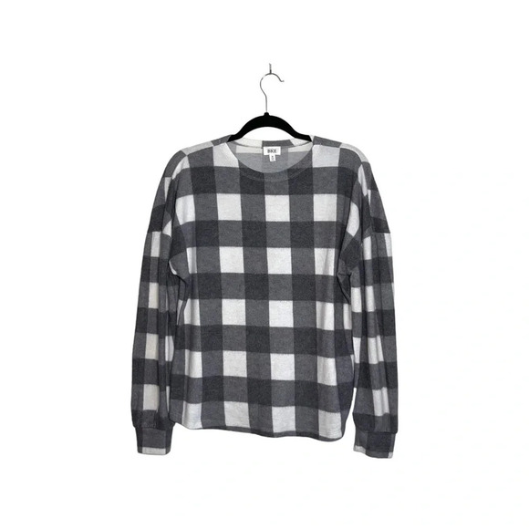BKE Buckle Gray & White Buffalo Plaid Print Sherpa Pullover Top Medium Women’s - Picture 1 of 10